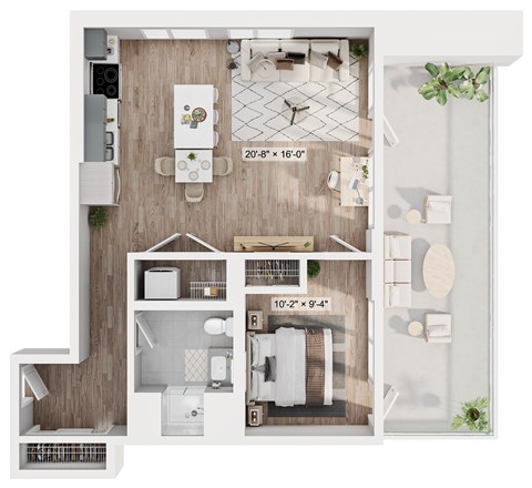 A floor plan of a house with a kitchen, living room, dining room, and bathroom.